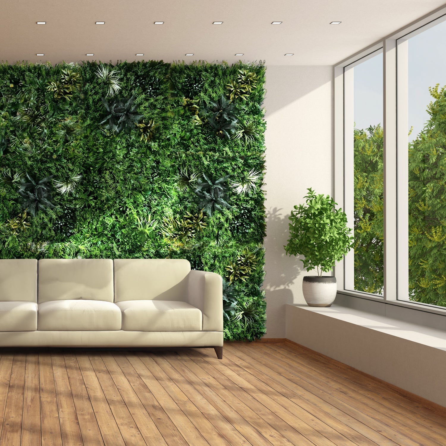 A modern room showcases Landmark Decors Tropical Oasis vertical plant wall with Boston ferns, a beige sofa, and wooden flooring. Large right-side windows illuminate a potted plant on the sill and display trees outside.